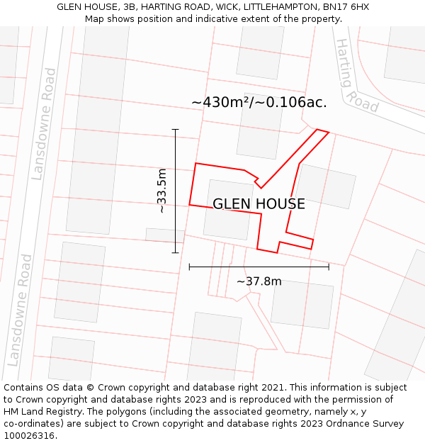 GLEN HOUSE, 3B, HARTING ROAD, WICK, LITTLEHAMPTON, BN17 6HX: Plot and title map