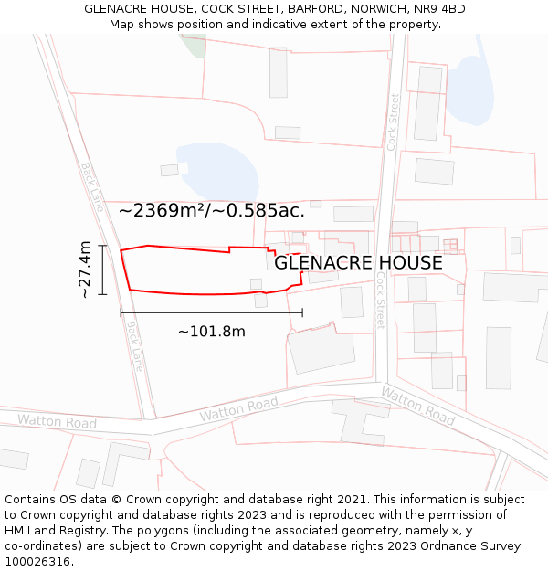 GLENACRE HOUSE, COCK STREET, BARFORD, NORWICH, NR9 4BD: Plot and title map