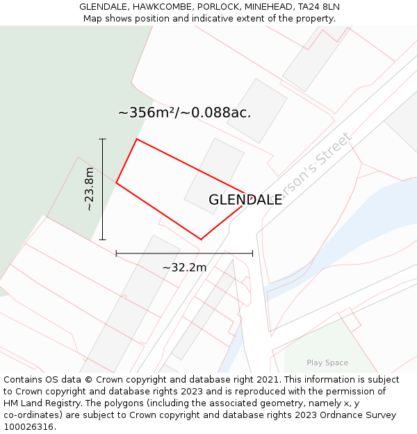 GLENDALE, HAWKCOMBE, PORLOCK, MINEHEAD, TA24 8LN: Plot and title map