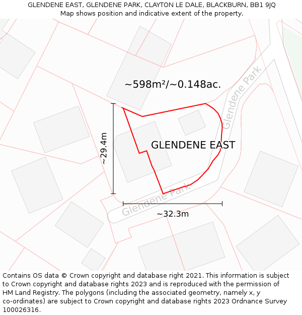 GLENDENE EAST, GLENDENE PARK, CLAYTON LE DALE, BLACKBURN, BB1 9JQ: Plot and title map