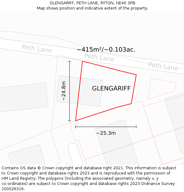 GLENGARIFF, PETH LANE, RYTON, NE40 3PB: Plot and title map