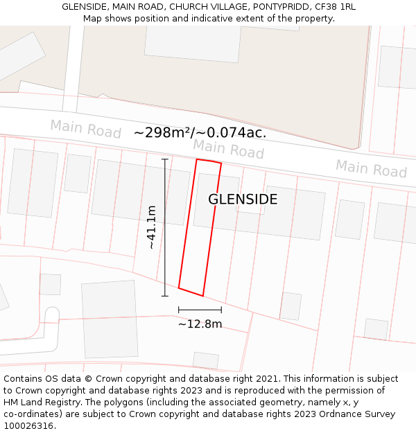 GLENSIDE, MAIN ROAD, CHURCH VILLAGE, PONTYPRIDD, CF38 1RL: Plot and title map