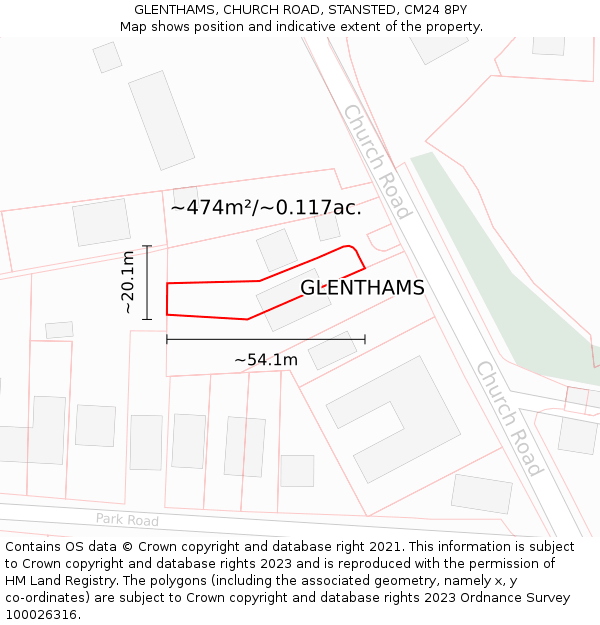 GLENTHAMS, CHURCH ROAD, STANSTED, CM24 8PY: Plot and title map