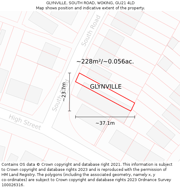 GLYNVILLE, SOUTH ROAD, WOKING, GU21 4LD: Plot and title map