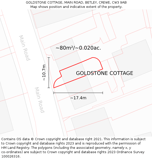 GOLDSTONE COTTAGE, MAIN ROAD, BETLEY, CREWE, CW3 9AB: Plot and title map