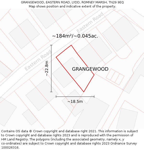 GRANGEWOOD, EASTERN ROAD, LYDD, ROMNEY MARSH, TN29 9EQ: Plot and title map