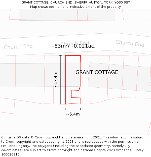 GRANT COTTAGE, CHURCH END, SHERIFF HUTTON, YORK, YO60 6SY: Plot and title map