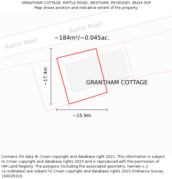 GRANTHAM COTTAGE, RATTLE ROAD, WESTHAM, PEVENSEY, BN24 5DP: Plot and title map