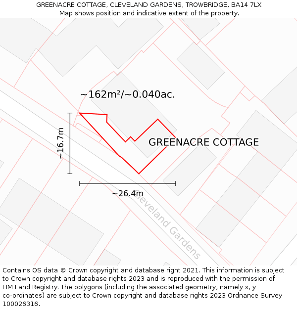 GREENACRE COTTAGE, CLEVELAND GARDENS, TROWBRIDGE, BA14 7LX: Plot and title map