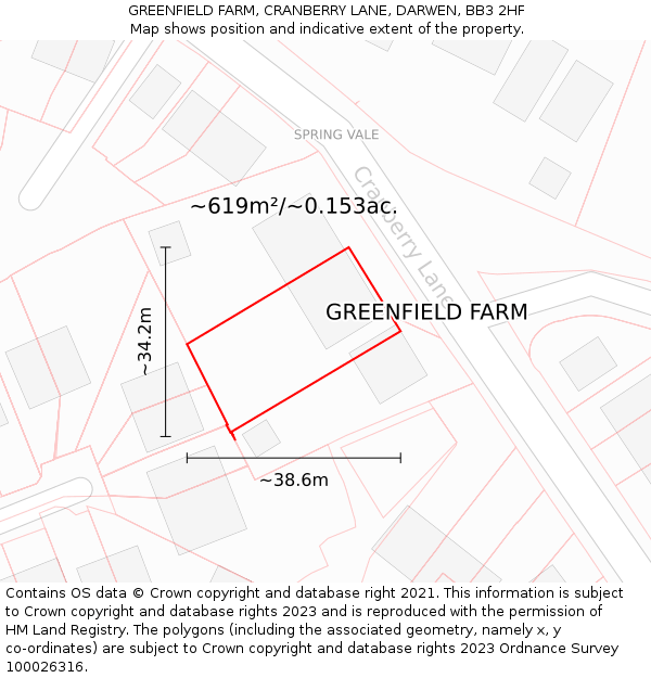 GREENFIELD FARM, CRANBERRY LANE, DARWEN, BB3 2HF: Plot and title map