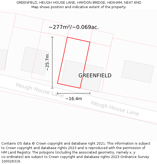 GREENFIELD, HEUGH HOUSE LANE, HAYDON BRIDGE, HEXHAM, NE47 6ND: Plot and title map