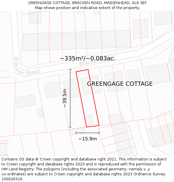 GREENGAGE COTTAGE, BRACKEN ROAD, MAIDENHEAD, SL6 3EF: Plot and title map