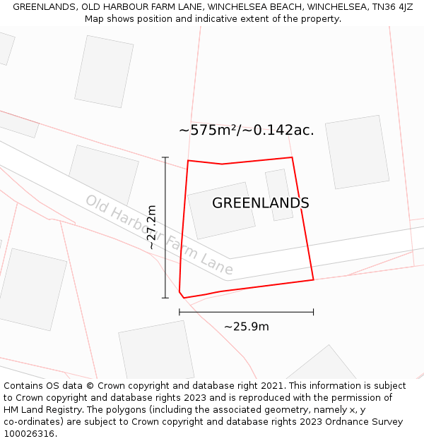 GREENLANDS, OLD HARBOUR FARM LANE, WINCHELSEA BEACH, WINCHELSEA, TN36 4JZ: Plot and title map