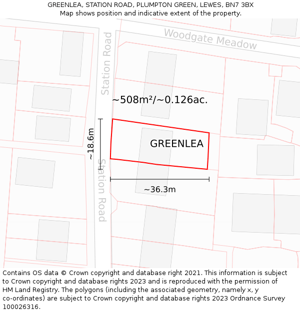 GREENLEA, STATION ROAD, PLUMPTON GREEN, LEWES, BN7 3BX: Plot and title map