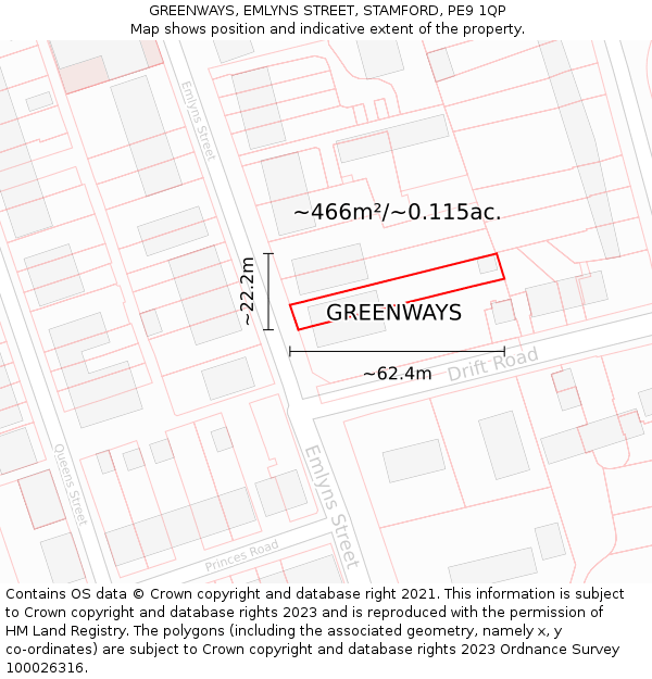 GREENWAYS, EMLYNS STREET, STAMFORD, PE9 1QP: Plot and title map