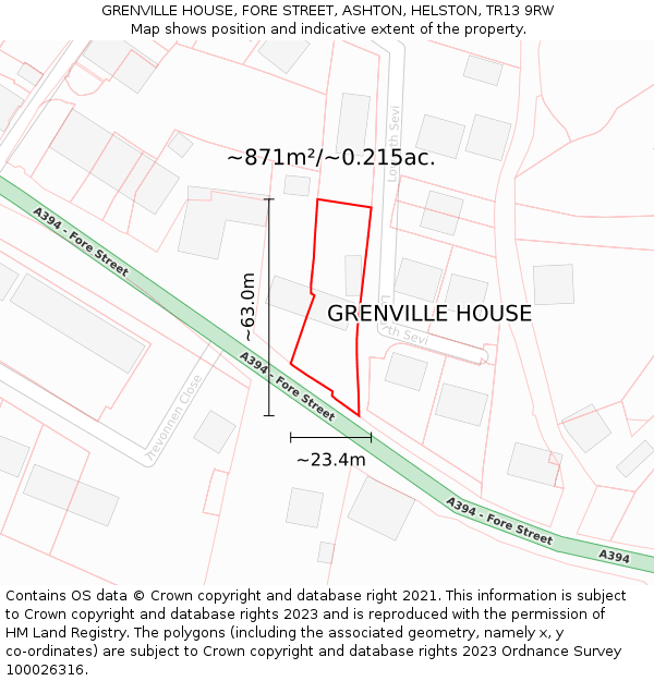 GRENVILLE HOUSE, FORE STREET, ASHTON, HELSTON, TR13 9RW: Plot and title map