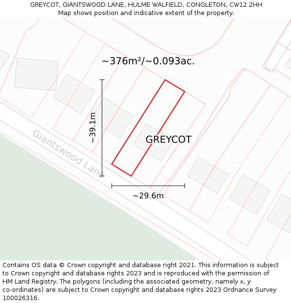 GREYCOT, GIANTSWOOD LANE, HULME WALFIELD, CONGLETON, CW12 2HH: Plot and title map