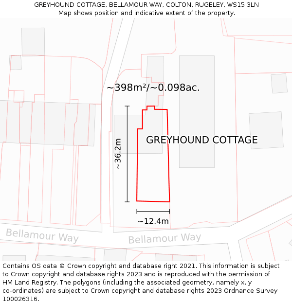 GREYHOUND COTTAGE, BELLAMOUR WAY, COLTON, RUGELEY, WS15 3LN: Plot and title map