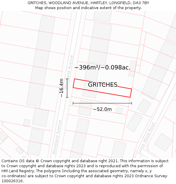 GRITCHES, WOODLAND AVENUE, HARTLEY, LONGFIELD, DA3 7BY: Plot and title map