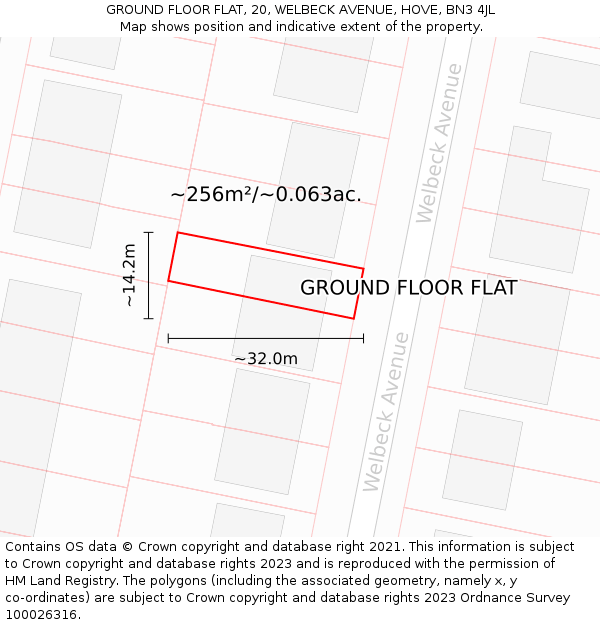 GROUND FLOOR FLAT, 20, WELBECK AVENUE, HOVE, BN3 4JL: Plot and title map