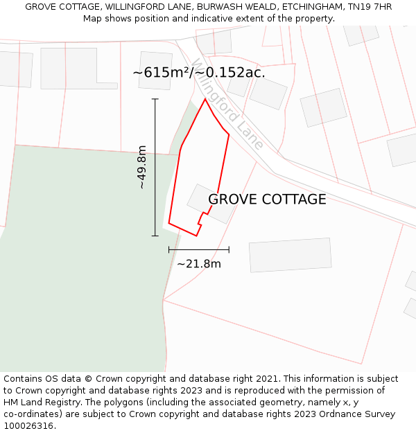 GROVE COTTAGE, WILLINGFORD LANE, BURWASH WEALD, ETCHINGHAM, TN19 7HR: Plot and title map