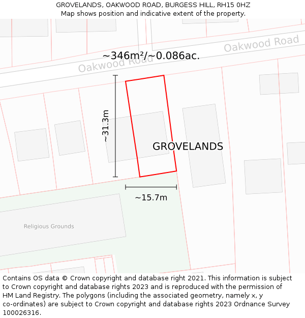 GROVELANDS, OAKWOOD ROAD, BURGESS HILL, RH15 0HZ: Plot and title map