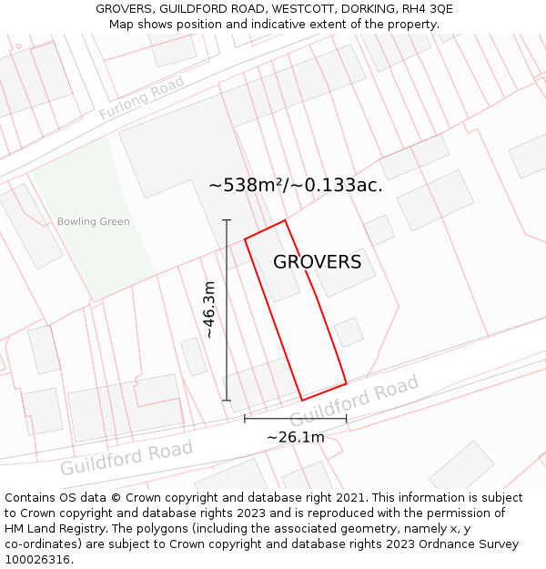 GROVERS, GUILDFORD ROAD, WESTCOTT, DORKING, RH4 3QE: Plot and title map