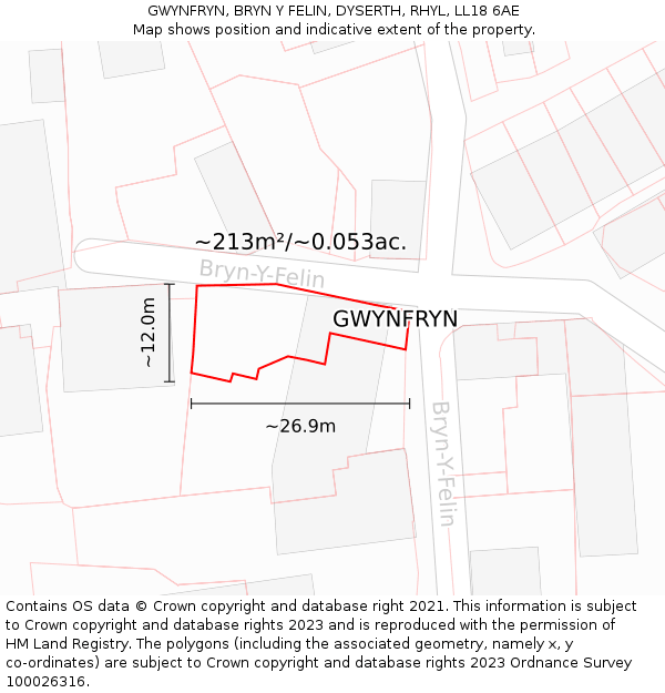 GWYNFRYN, BRYN Y FELIN, DYSERTH, RHYL, LL18 6AE: Plot and title map