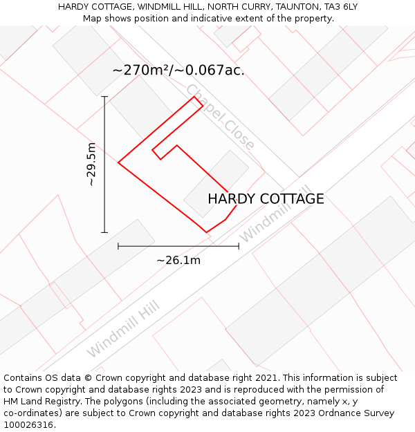 HARDY COTTAGE, WINDMILL HILL, NORTH CURRY, TAUNTON, TA3 6LY: Plot and title map