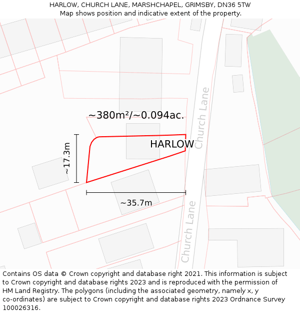 HARLOW, CHURCH LANE, MARSHCHAPEL, GRIMSBY, DN36 5TW: Plot and title map