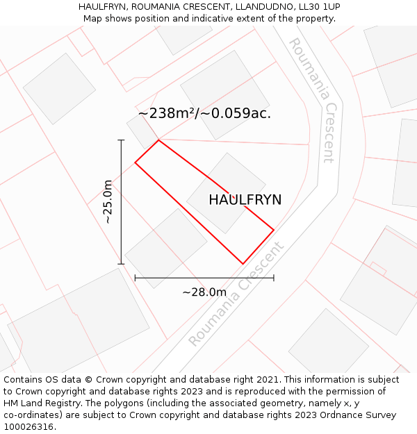 HAULFRYN, ROUMANIA CRESCENT, LLANDUDNO, LL30 1UP: Plot and title map