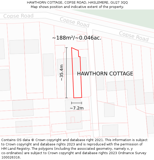 HAWTHORN COTTAGE, COPSE ROAD, HASLEMERE, GU27 3QQ: Plot and title map