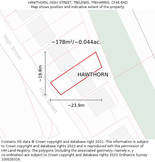 HAWTHORN, HIGH STREET, TRELEWIS, TREHARRIS, CF46 6AD: Plot and title map