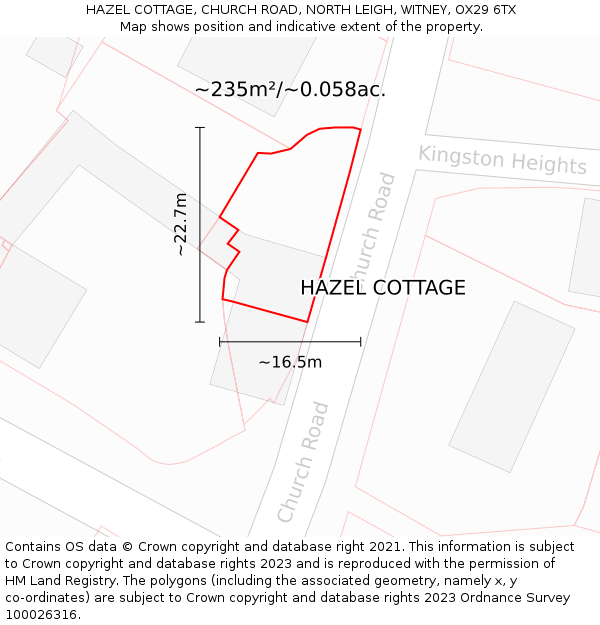 HAZEL COTTAGE, CHURCH ROAD, NORTH LEIGH, WITNEY, OX29 6TX: Plot and title map