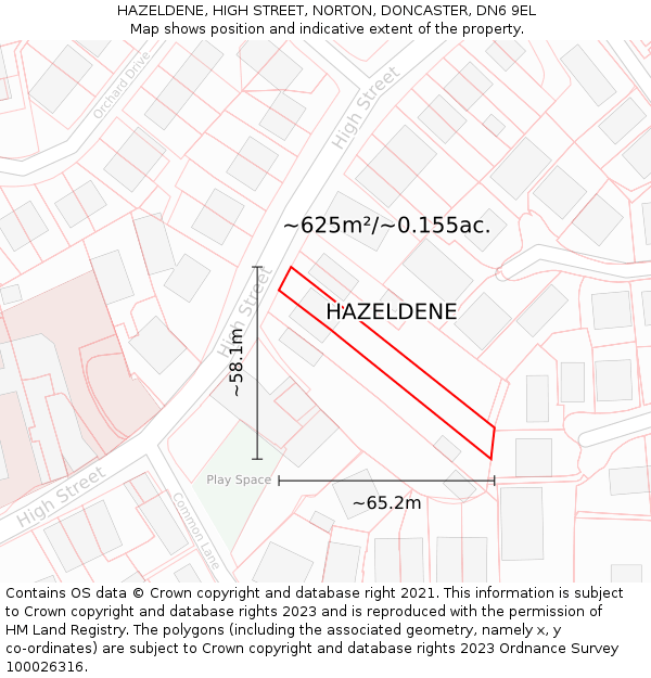 HAZELDENE, HIGH STREET, NORTON, DONCASTER, DN6 9EL: Plot and title map