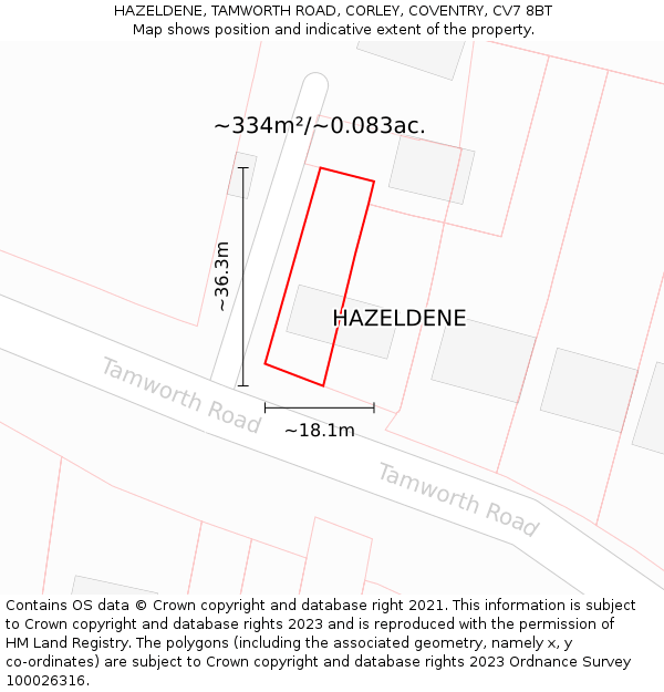 HAZELDENE, TAMWORTH ROAD, CORLEY, COVENTRY, CV7 8BT: Plot and title map