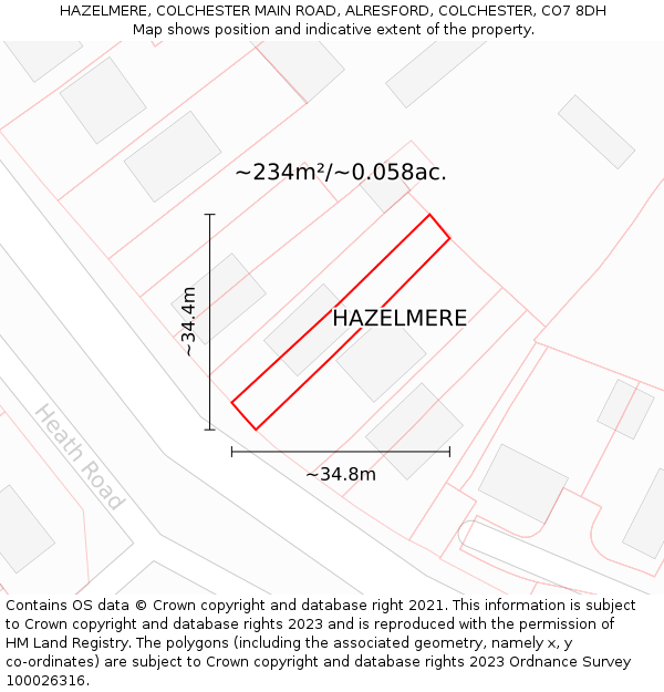 HAZELMERE, COLCHESTER MAIN ROAD, ALRESFORD, COLCHESTER, CO7 8DH: Plot and title map