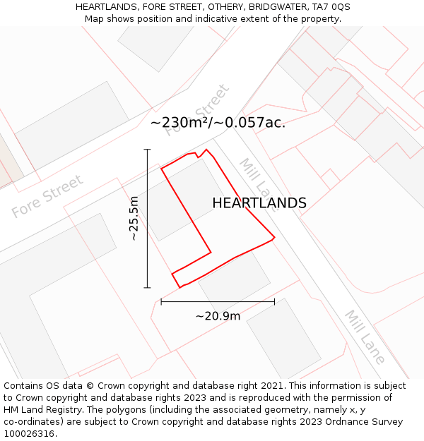 HEARTLANDS, FORE STREET, OTHERY, BRIDGWATER, TA7 0QS: Plot and title map