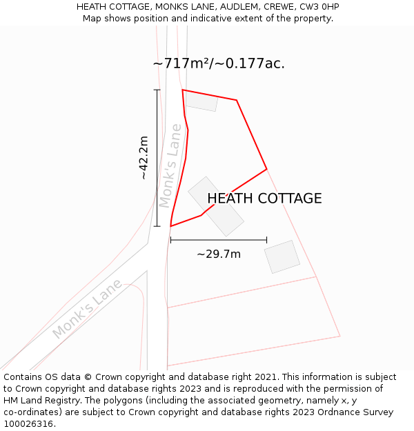 HEATH COTTAGE, MONKS LANE, AUDLEM, CREWE, CW3 0HP: Plot and title map