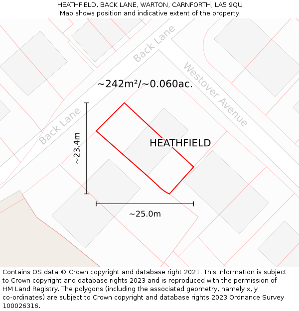 HEATHFIELD, BACK LANE, WARTON, CARNFORTH, LA5 9QU: Plot and title map