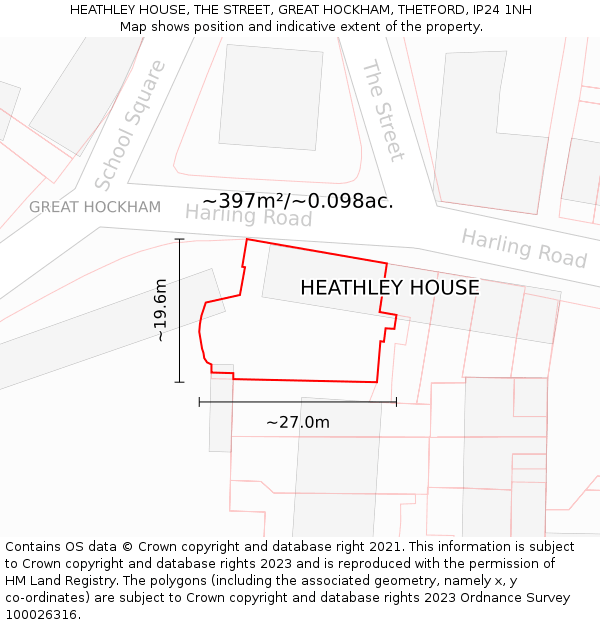 HEATHLEY HOUSE, THE STREET, GREAT HOCKHAM, THETFORD, IP24 1NH: Plot and title map