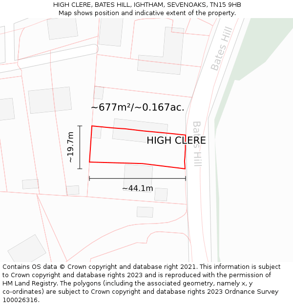 HIGH CLERE, BATES HILL, IGHTHAM, SEVENOAKS, TN15 9HB: Plot and title map