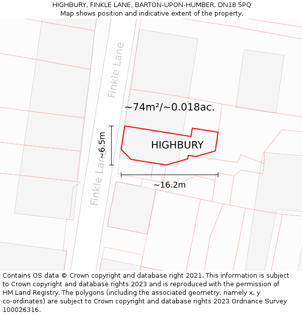 HIGHBURY, FINKLE LANE, BARTON-UPON-HUMBER, DN18 5PQ: Plot and title map