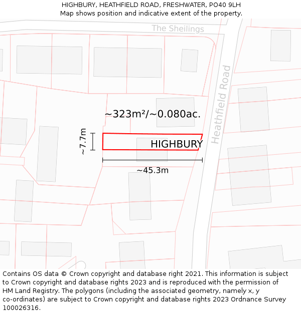 HIGHBURY, HEATHFIELD ROAD, FRESHWATER, PO40 9LH: Plot and title map