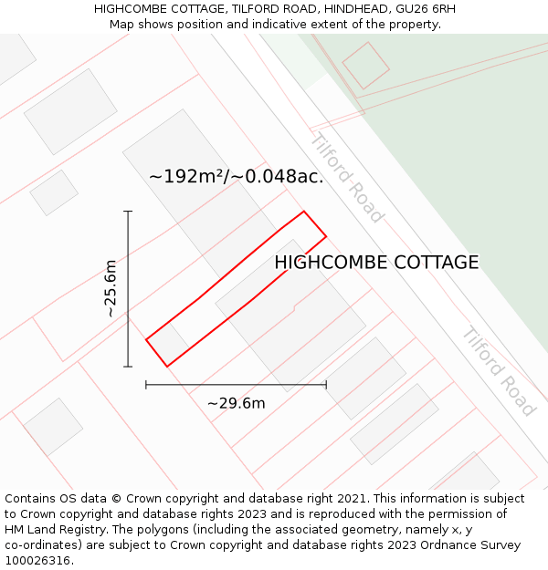 HIGHCOMBE COTTAGE, TILFORD ROAD, HINDHEAD, GU26 6RH: Plot and title map