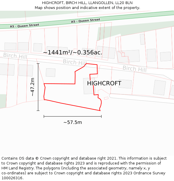 HIGHCROFT, BIRCH HILL, LLANGOLLEN, LL20 8LN: Plot and title map