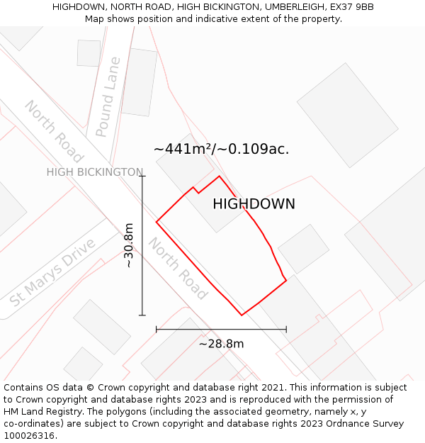 HIGHDOWN, NORTH ROAD, HIGH BICKINGTON, UMBERLEIGH, EX37 9BB: Plot and title map