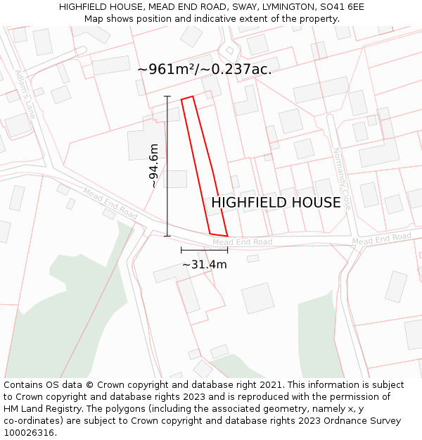 HIGHFIELD HOUSE, MEAD END ROAD, SWAY, LYMINGTON, SO41 6EE: Plot and title map