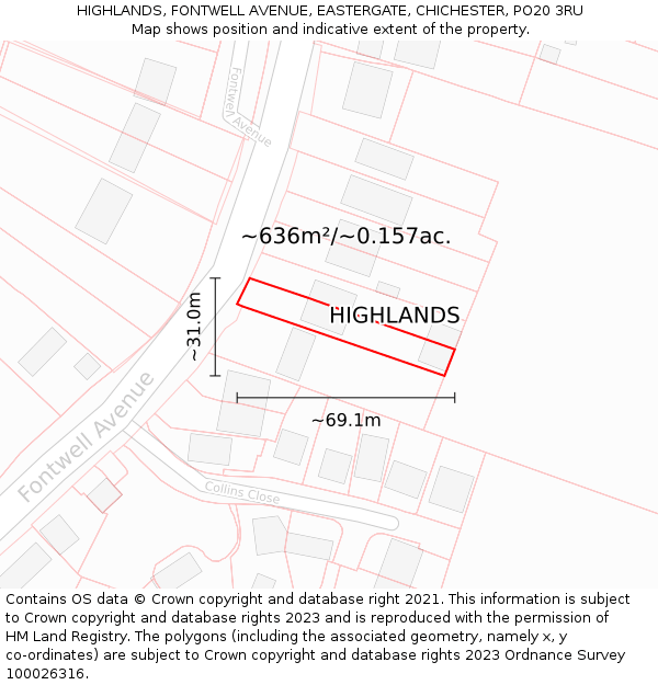 HIGHLANDS, FONTWELL AVENUE, EASTERGATE, CHICHESTER, PO20 3RU: Plot and title map