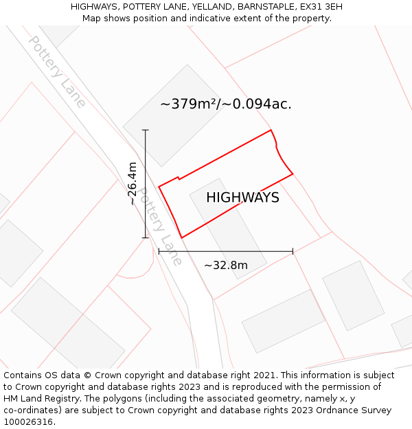 HIGHWAYS, POTTERY LANE, YELLAND, BARNSTAPLE, EX31 3EH: Plot and title map